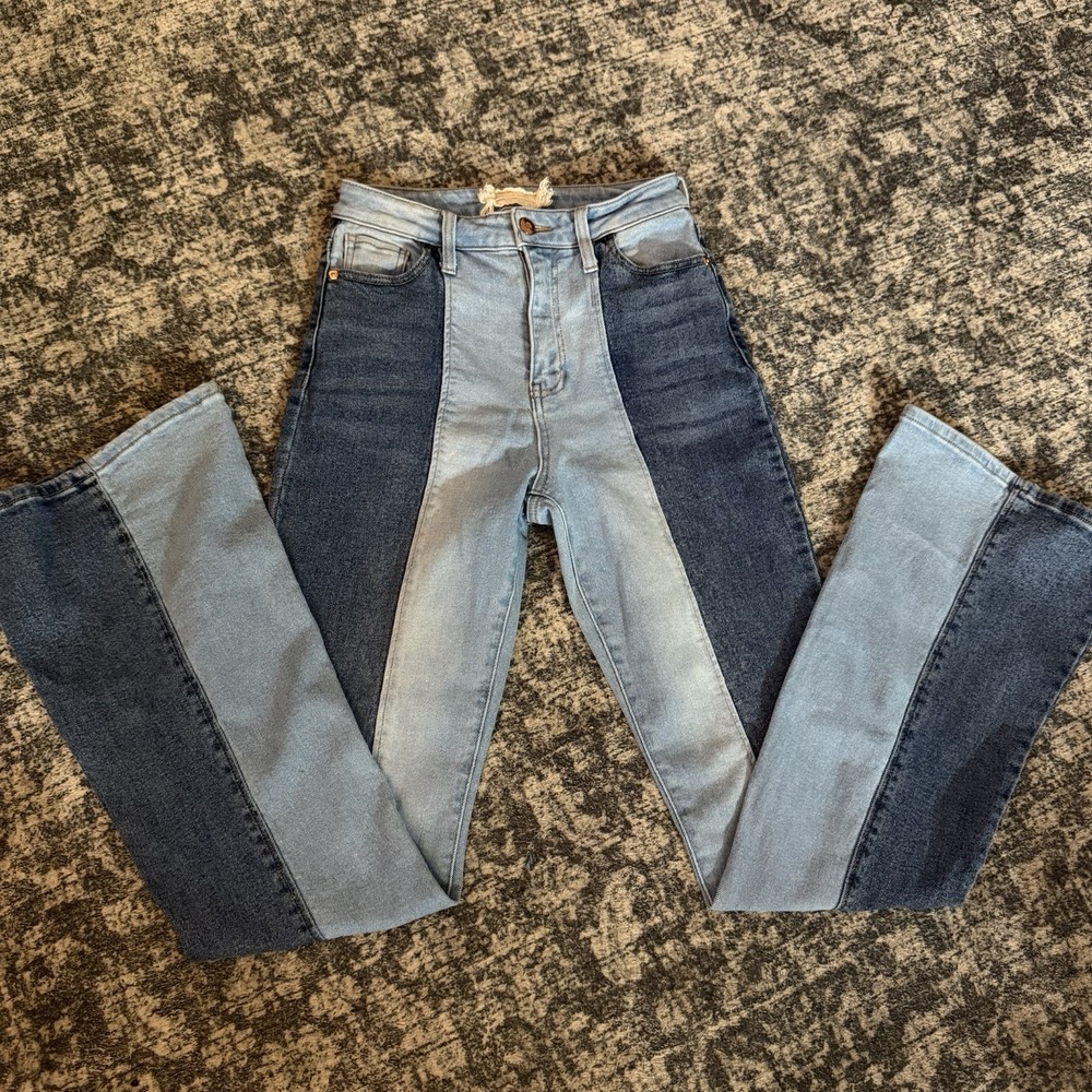 Altar'd State Jeans 26 / 3 Blue Flare High Rise Stretch Women Two Tone Boho NWOT